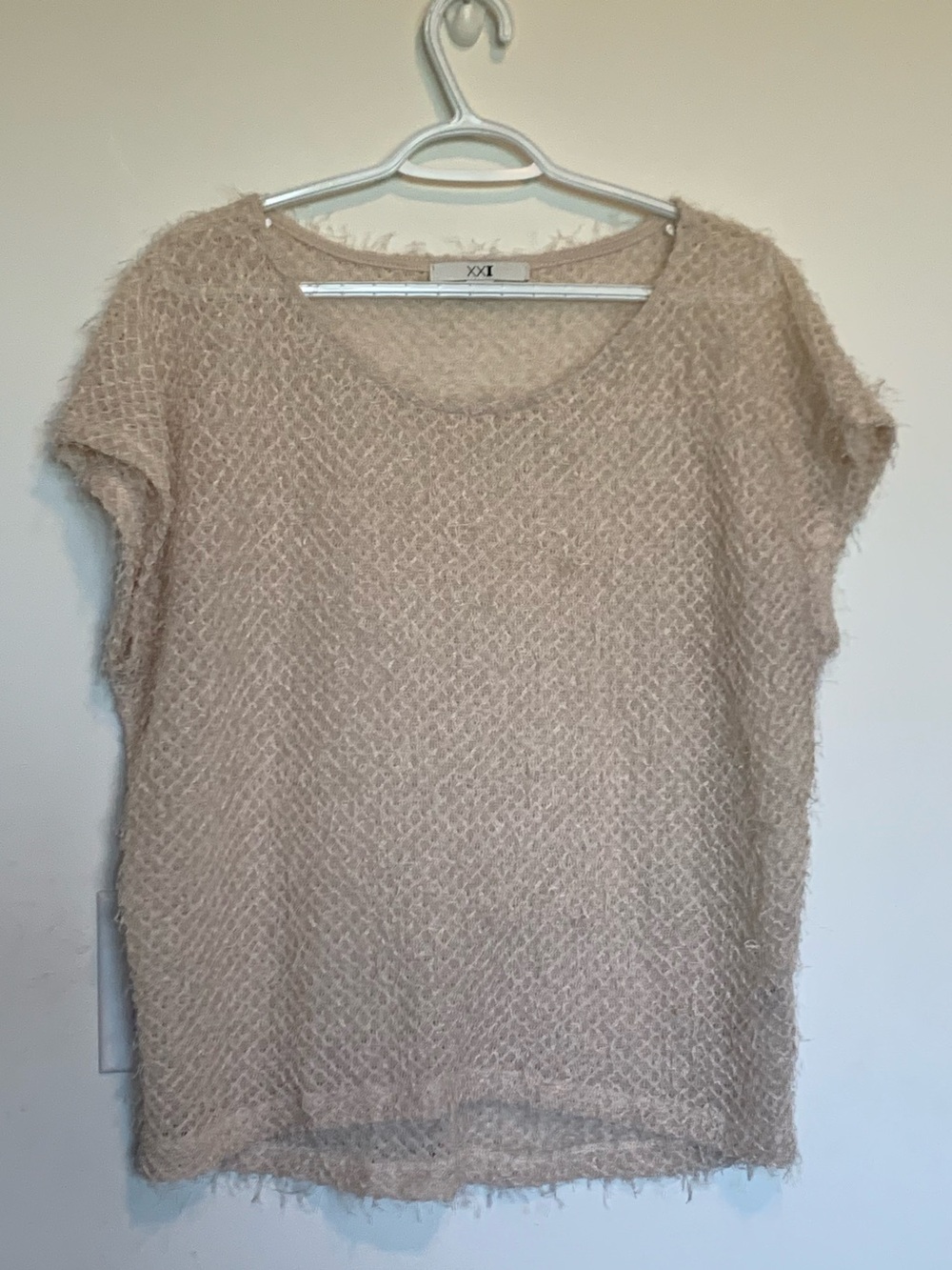 Forever 21 Cream Eyelash Knit Short Sleeve Round Neck Top Slouchy Body Sz Large